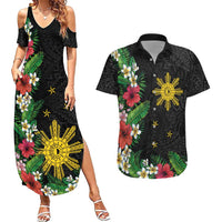 Tropical Hawaii and Philippines Couples Matching Summer Maxi Dress and Hawaiian Shirt Kanaka Maoli and Sun Badge Batok Tattoo Colorful