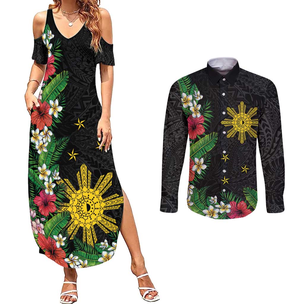 Tropical Hawaii and Philippines Couples Matching Summer Maxi Dress and Long Sleeve Button Shirt Kanaka Maoli and Sun Badge Batok Tattoo Colorful