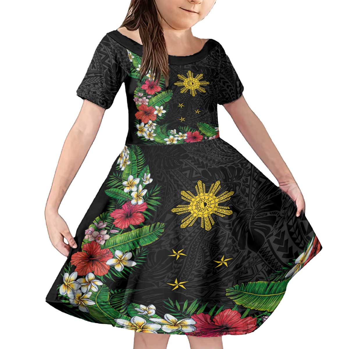 Tropical Hawaii and Philippines Family Matching Off The Shoulder Long Sleeve Dress and Hawaiian Shirt Kanaka Maoli and Sun Badge Batok Tattoo Colorful