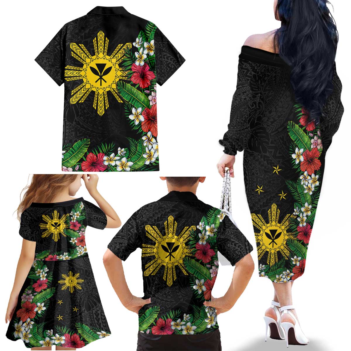 Tropical Hawaii and Philippines Family Matching Off The Shoulder Long Sleeve Dress and Hawaiian Shirt Kanaka Maoli and Sun Badge Batok Tattoo Colorful