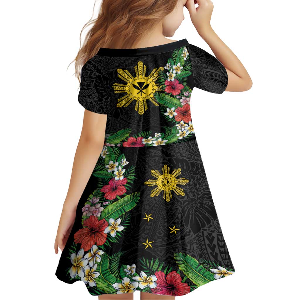 Tropical Hawaii and Philippines Family Matching Summer Maxi Dress and Hawaiian Shirt Kanaka Maoli and Sun Badge Batok Tattoo Colorful