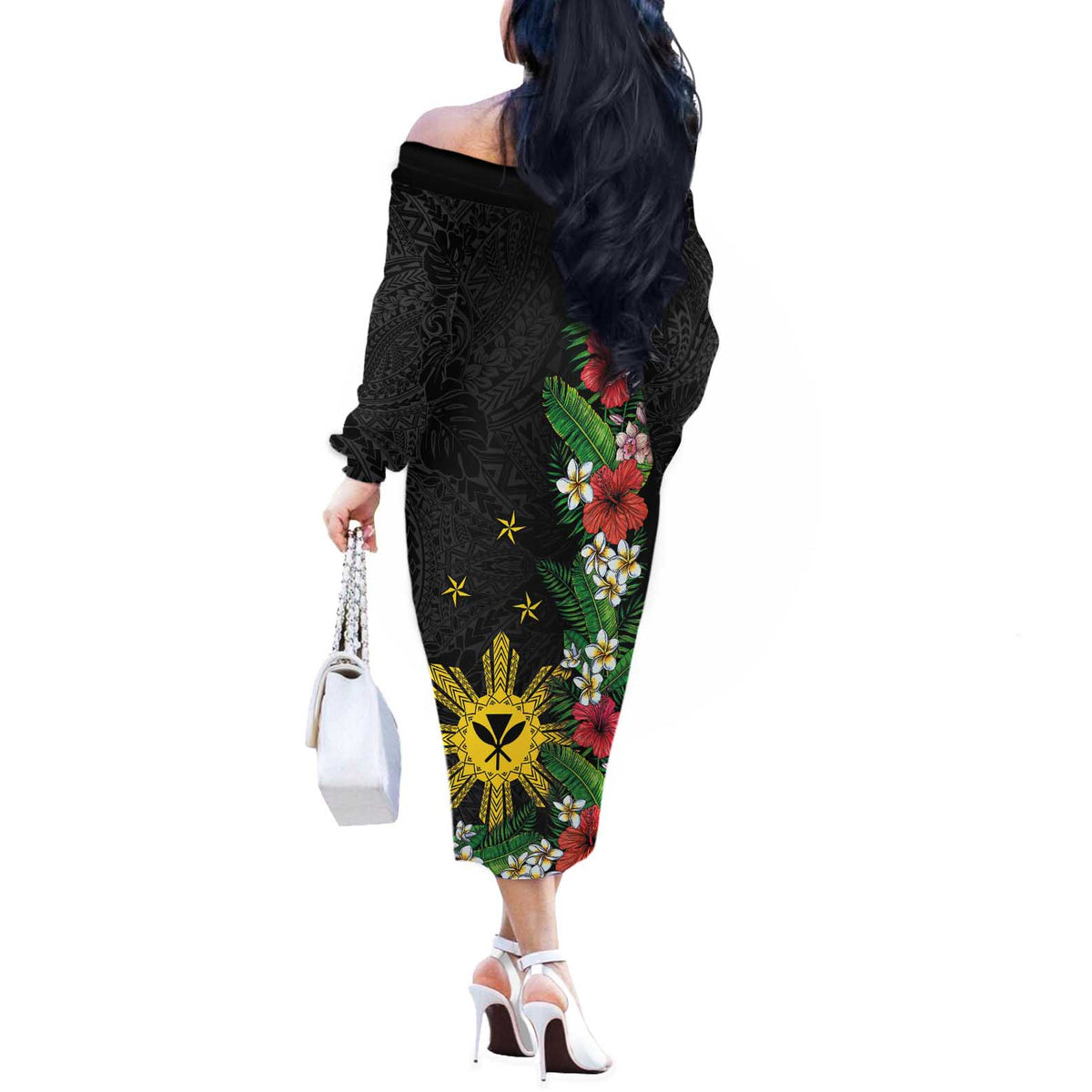 Tropical Hawaii and Philippines Off The Shoulder Long Sleeve Dress Kanaka Maoli and Sun Badge Batok Tattoo Colorful