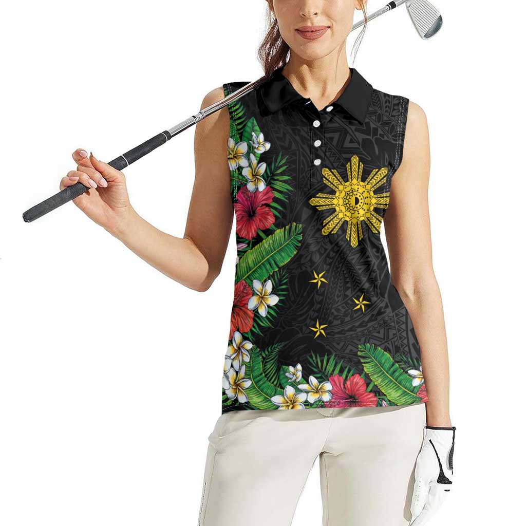 Tropical Hawaii and Philippines Women Sleeveless Polo Shirt Kanaka Maoli and Sun Badge Batok Tattoo Colorful