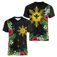 Tropical Hawaii and Philippines Women V-Neck T-Shirt Kanaka Maoli and Sun Badge Batok Tattoo Colorful