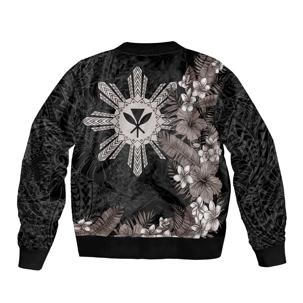 Tropical Hawaii and Philippines Bomber Jacket Kanaka Maoli and Sun Badge Batok Tattoo Grayscale