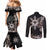 Tropical Hawaii and Philippines Couples Matching Mermaid Dress and Long Sleeve Button Shirt Kanaka Maoli and Sun Badge Batok Tattoo Grayscale