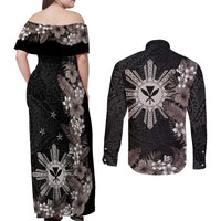 Tropical Hawaii and Philippines Couples Matching Off Shoulder Maxi Dress and Long Sleeve Button Shirt Kanaka Maoli and Sun Badge Batok Tattoo Grayscale