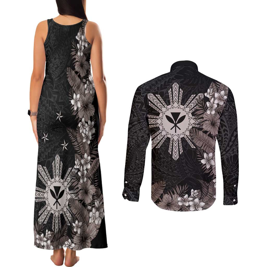 Tropical Hawaii and Philippines Couples Matching Tank Maxi Dress and Long Sleeve Button Shirt Kanaka Maoli and Sun Badge Batok Tattoo Grayscale