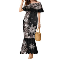 Tropical Hawaii and Philippines Family Matching Mermaid Dress and Hawaiian Shirt Kanaka Maoli and Sun Badge Batok Tattoo Grayscale