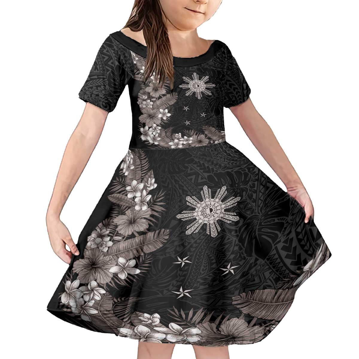 Tropical Hawaii and Philippines Family Matching Off The Shoulder Long Sleeve Dress and Hawaiian Shirt Kanaka Maoli and Sun Badge Batok Tattoo Grayscale