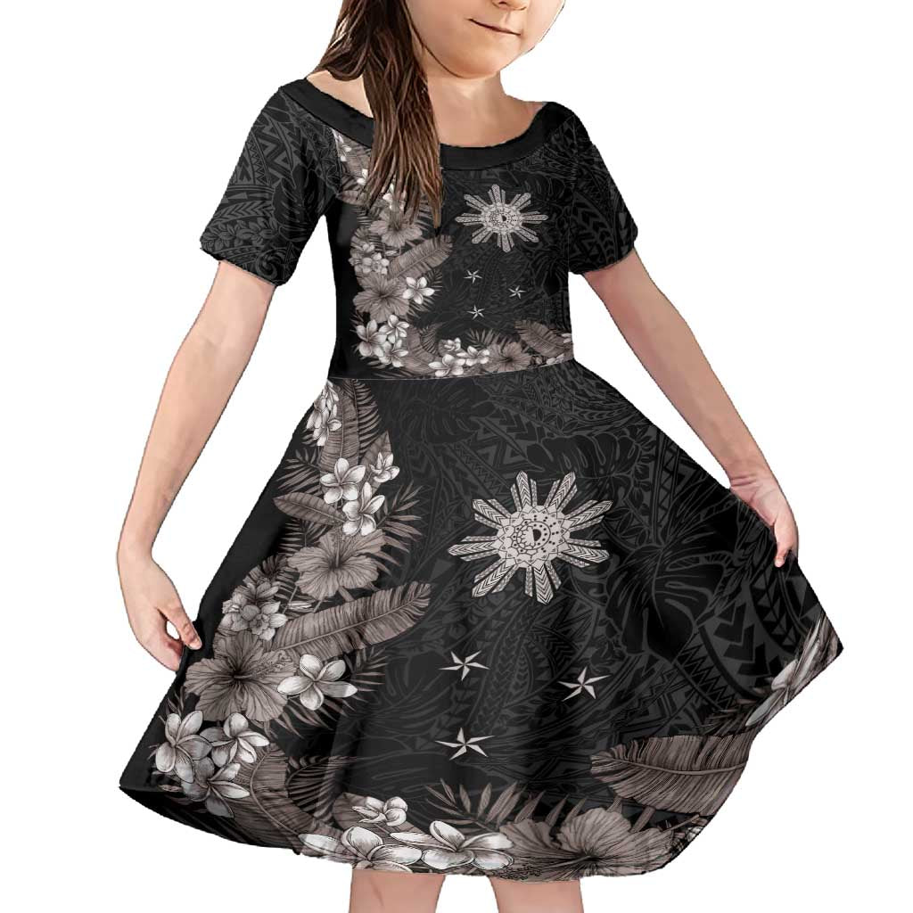 Tropical Hawaii and Philippines Family Matching Off Shoulder Maxi Dress and Hawaiian Shirt Kanaka Maoli and Sun Badge Batok Tattoo Grayscale