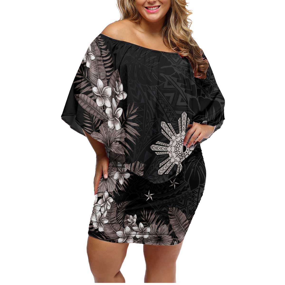 Tropical Hawaii and Philippines Family Matching Off Shoulder Short Dress and Hawaiian Shirt Kanaka Maoli and Sun Badge Batok Tattoo Grayscale