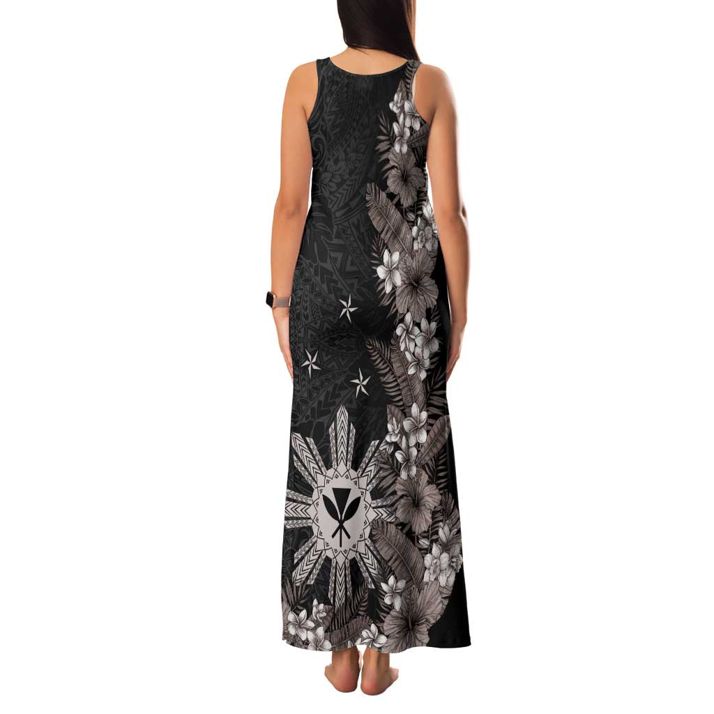 Tropical Hawaii and Philippines Family Matching Tank Maxi Dress and Hawaiian Shirt Kanaka Maoli and Sun Badge Batok Tattoo Grayscale