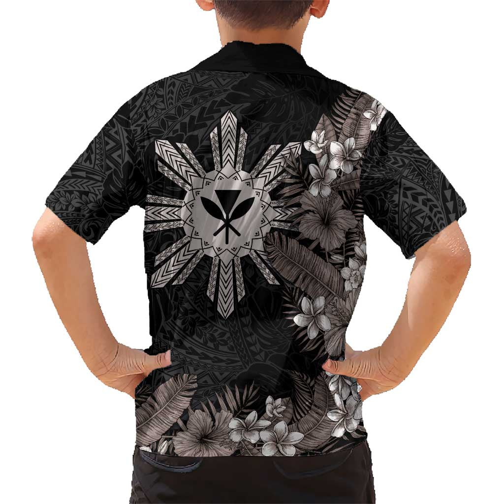 Tropical Hawaii and Philippines Kid Hawaiian Shirt Kanaka Maoli and Sun Badge Batok Tattoo Grayscale