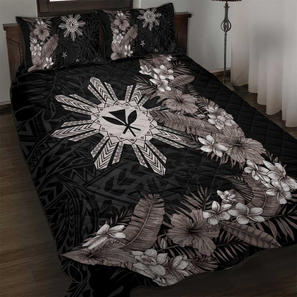 Tropical Hawaii and Philippines Quilt Bed Set Kanaka Maoli and Sun Badge Batok Tattoo Grayscale