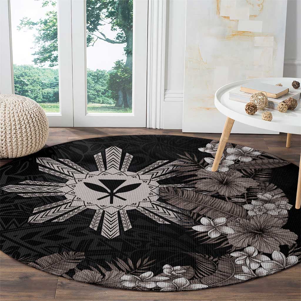 Tropical Hawaii and Philippines Round Carpet Kanaka Maoli and Sun Badge Batok Tattoo Grayscale