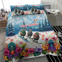 New Zealand Merry Christmas Bedding Set Kiwi Birds Snow Boarding-Vibrant Tropical Flower - Polynesian Pride