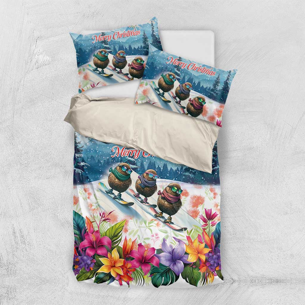 New Zealand Merry Christmas Bedding Set Kiwi Birds Snow Boarding-Vibrant Tropical Flower - Polynesian Pride