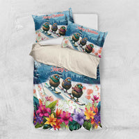 New Zealand Merry Christmas Bedding Set Kiwi Birds Snow Boarding-Vibrant Tropical Flower - Polynesian Pride