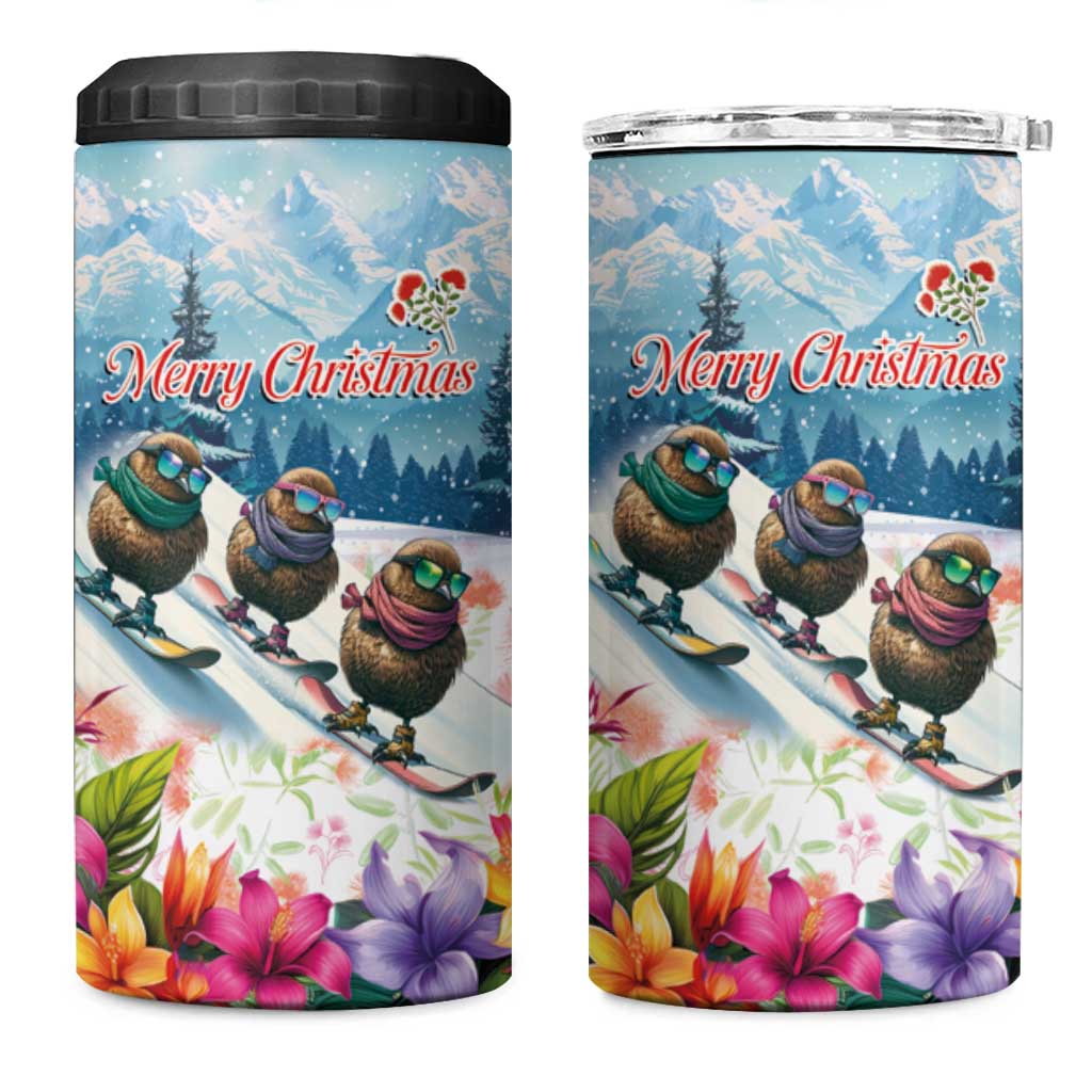 New Zealand Merry Christmas 4 in 1 Can Cooler Tumbler Kiwi Birds Snow Boarding-Vibrant Tropical Flower - Polynesian Pride