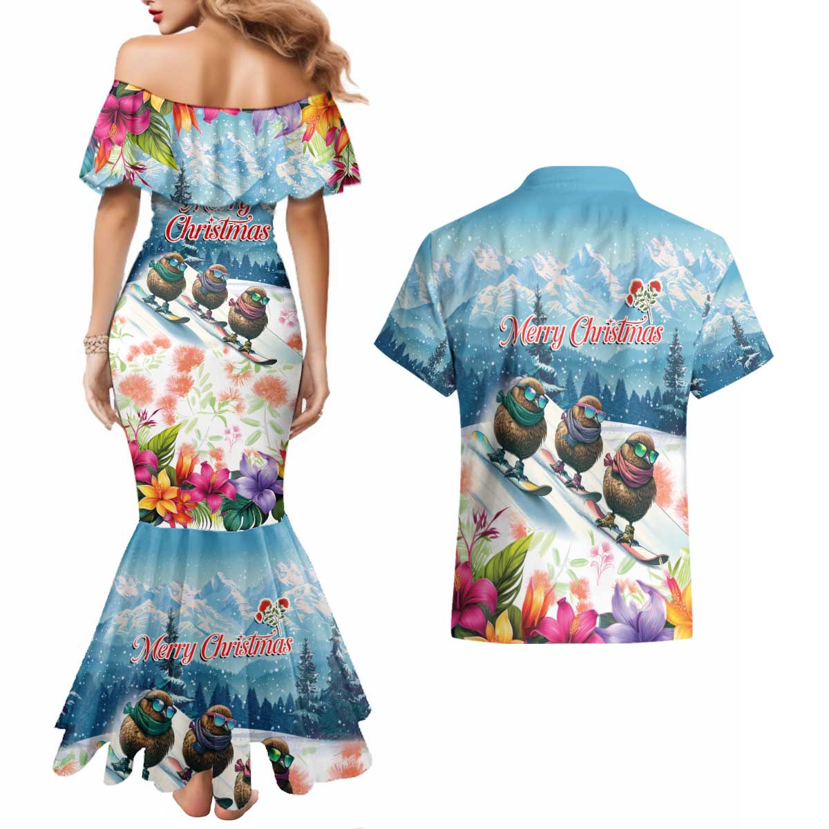 New Zealand Merry Christmas Couples Matching Mermaid Dress and Hawaiian Shirt Kiwi Birds Snow Boarding-Vibrant Tropical Flower - Polynesian Pride