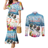 New Zealand Merry Christmas Couples Matching Mermaid Dress and Long Sleeve Button Shirt Kiwi Birds Snow Boarding-Vibrant Tropical Flower - Polynesian Pride