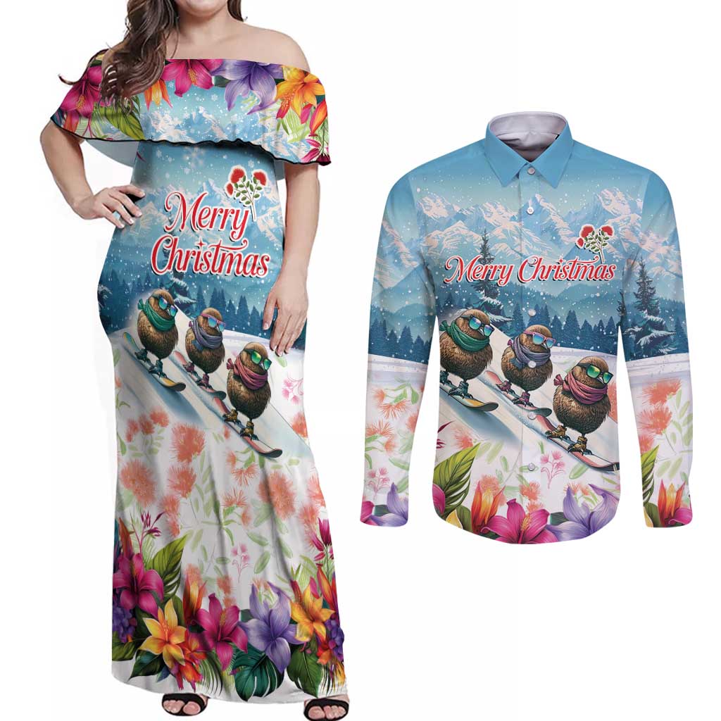 New Zealand Merry Christmas Couples Matching Off Shoulder Maxi Dress and Long Sleeve Button Shirt Kiwi Birds Snow Boarding-Vibrant Tropical Flower - Polynesian Pride