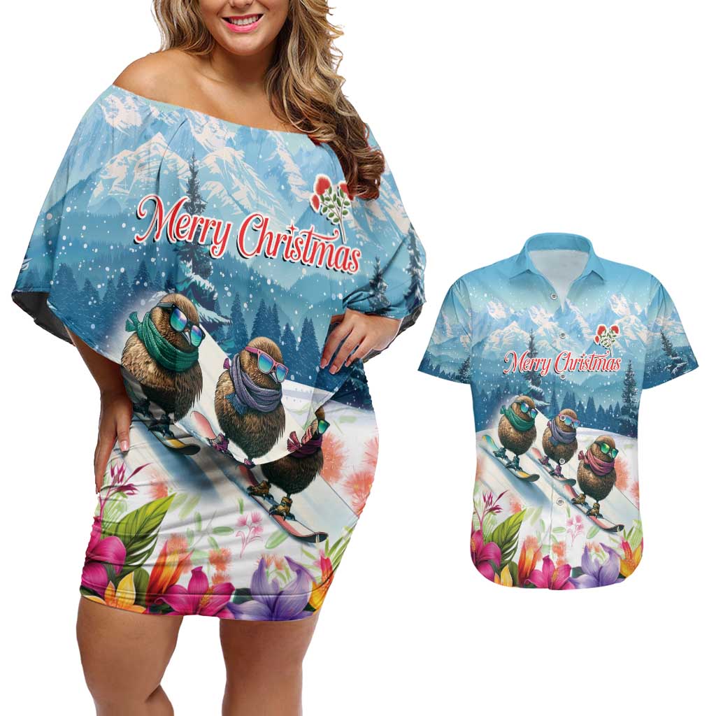 New Zealand Merry Christmas Couples Matching Off Shoulder Short Dress and Hawaiian Shirt Kiwi Birds Snow Boarding-Vibrant Tropical Flower - Polynesian Pride