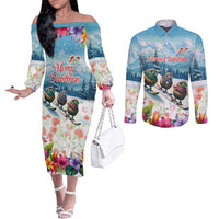 New Zealand Merry Christmas Couples Matching Off The Shoulder Long Sleeve Dress and Long Sleeve Button Shirt Kiwi Birds Snow Boarding-Vibrant Tropical Flower - Polynesian Pride