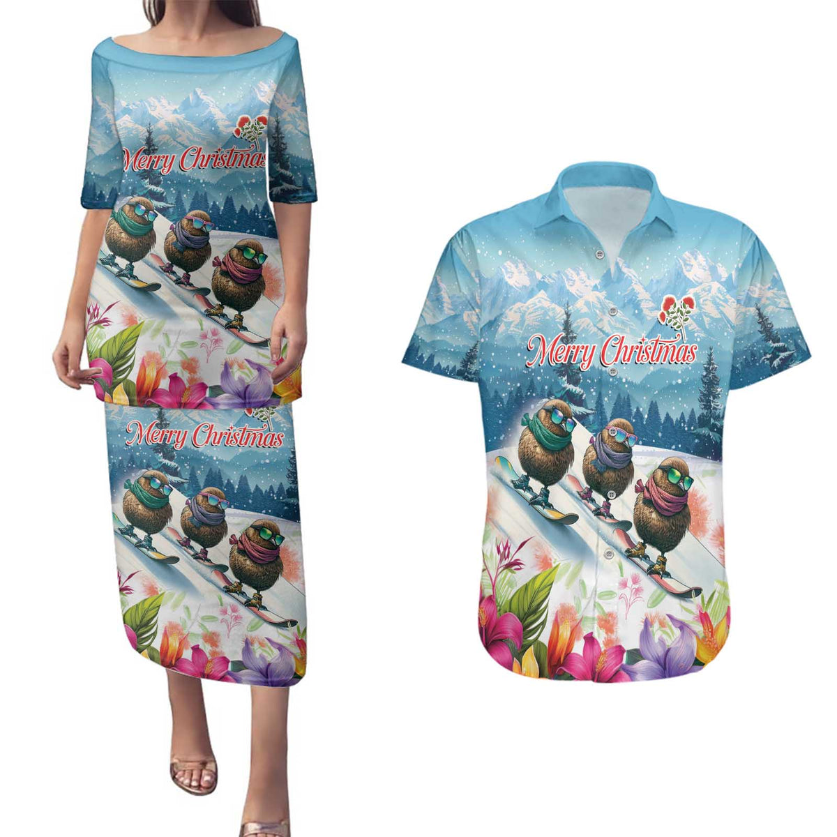 New Zealand Merry Christmas Couples Matching Puletasi and Hawaiian Shirt Kiwi Birds Snow Boarding-Vibrant Tropical Flower - Polynesian Pride