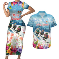 New Zealand Merry Christmas Couples Matching Short Sleeve Bodycon Dress and Hawaiian Shirt Kiwi Birds Snow Boarding-Vibrant Tropical Flower - Polynesian Pride