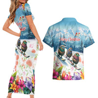 New Zealand Merry Christmas Couples Matching Short Sleeve Bodycon Dress and Hawaiian Shirt Kiwi Birds Snow Boarding-Vibrant Tropical Flower - Polynesian Pride