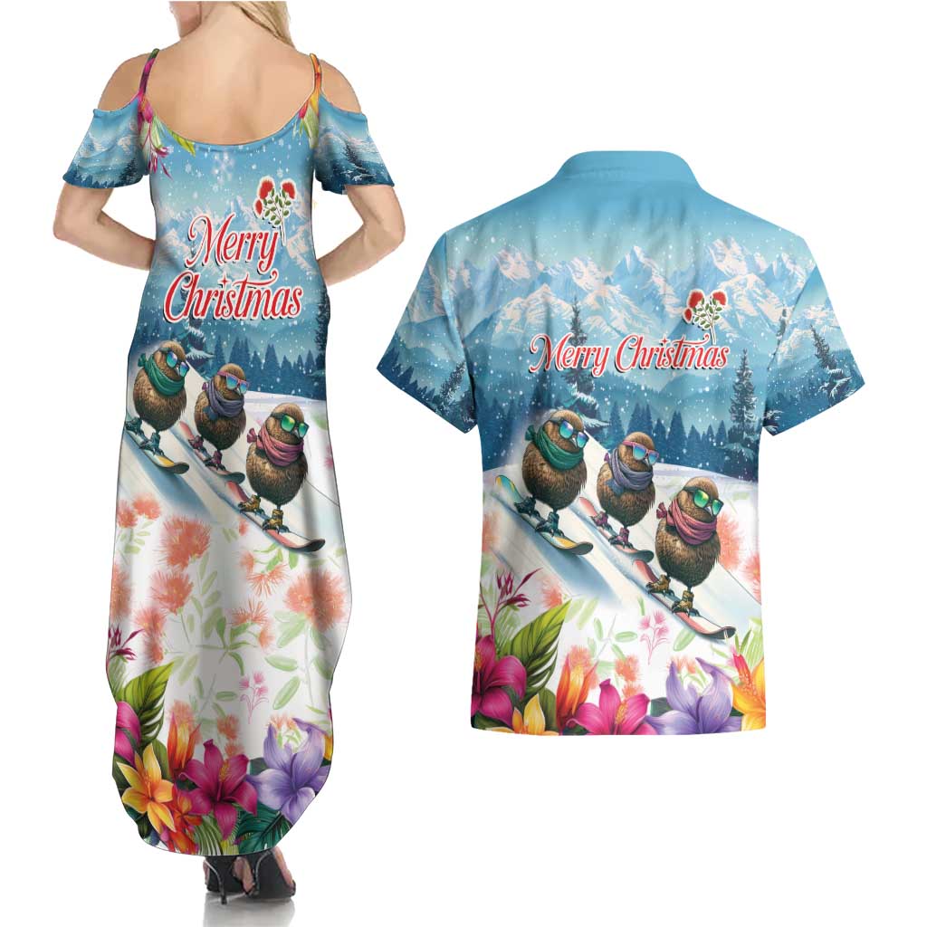 New Zealand Merry Christmas Couples Matching Summer Maxi Dress and Hawaiian Shirt Kiwi Birds Snow Boarding-Vibrant Tropical Flower - Polynesian Pride