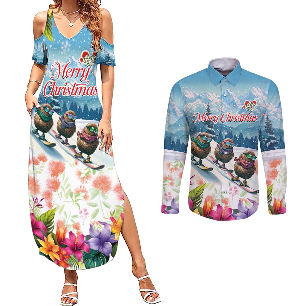 New Zealand Merry Christmas Couples Matching Summer Maxi Dress and Long Sleeve Button Shirt Kiwi Birds Snow Boarding-Vibrant Tropical Flower - Polynesian Pride