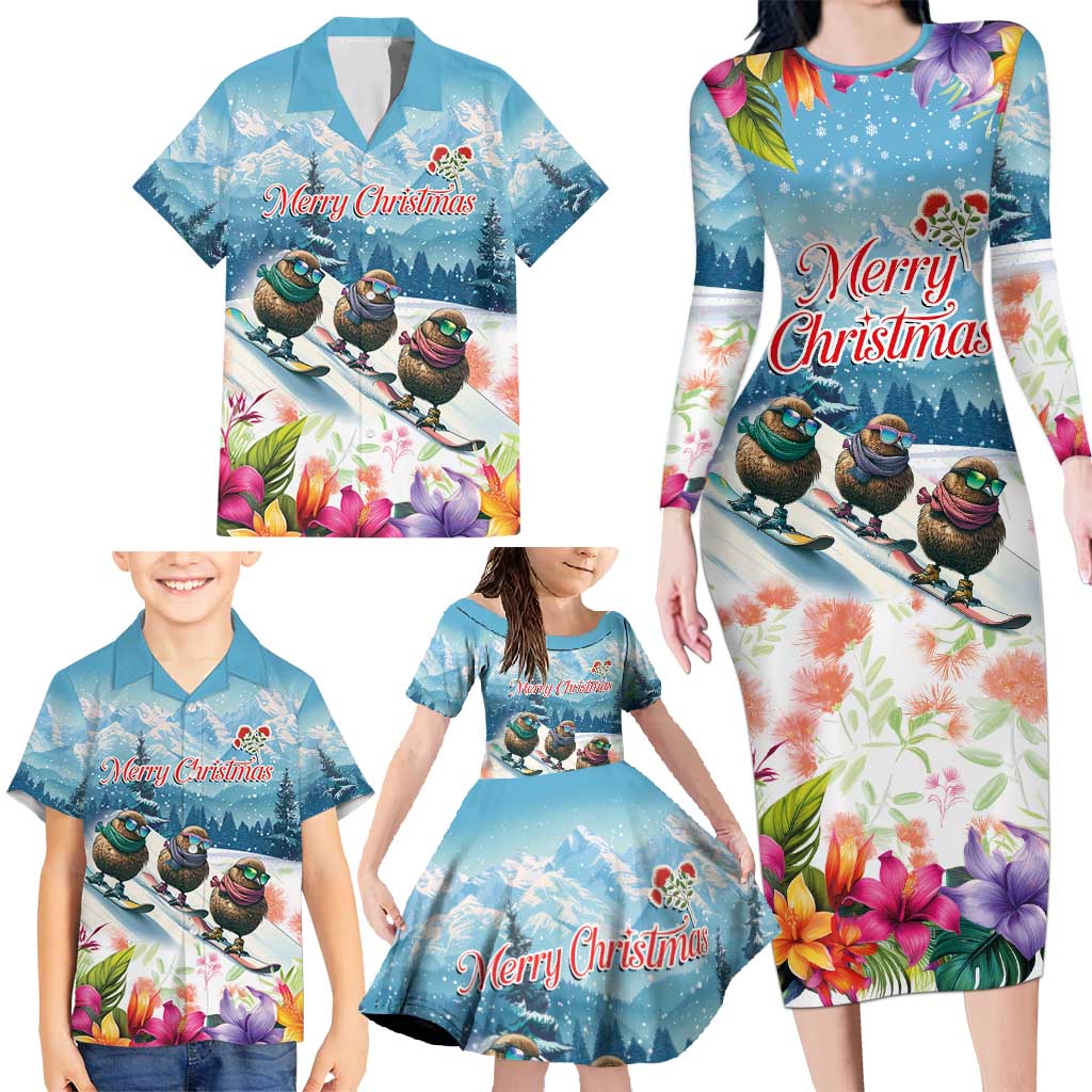 New Zealand Merry Christmas Family Matching Long Sleeve Bodycon Dress and Hawaiian Shirt Kiwi Birds Snow Boarding-Vibrant Tropical Flower - Polynesian Pride