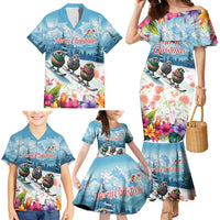 New Zealand Merry Christmas Family Matching Mermaid Dress and Hawaiian Shirt Kiwi Birds Snow Boarding-Vibrant Tropical Flower - Polynesian Pride