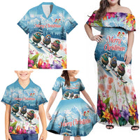 New Zealand Merry Christmas Family Matching Off Shoulder Maxi Dress and Hawaiian Shirt Kiwi Birds Snow Boarding-Vibrant Tropical Flower - Polynesian Pride