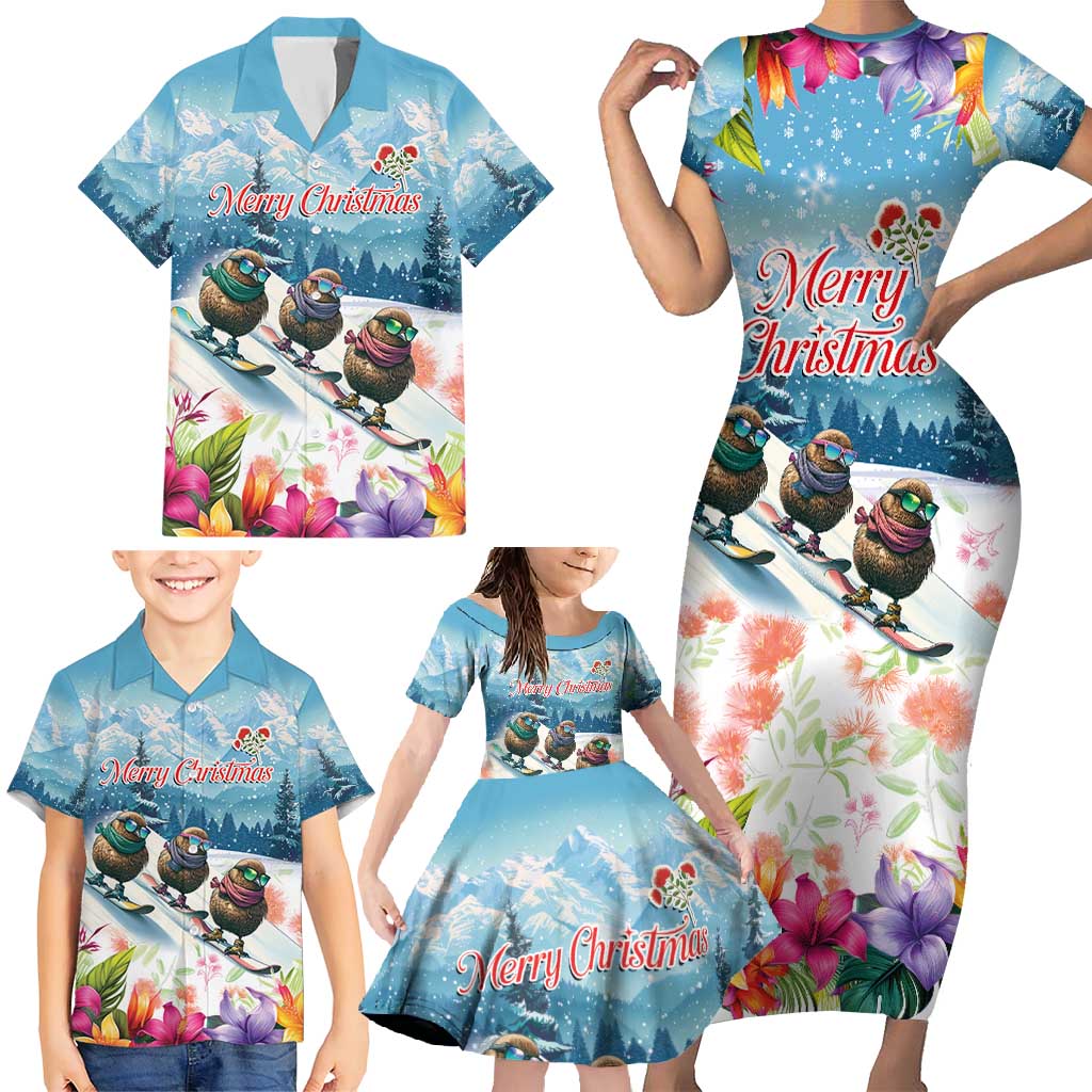 New Zealand Merry Christmas Family Matching Short Sleeve Bodycon Dress and Hawaiian Shirt Kiwi Birds Snow Boarding-Vibrant Tropical Flower - Polynesian Pride