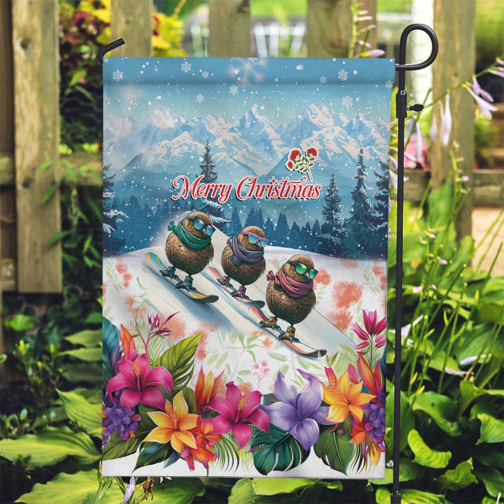 New Zealand Merry Christmas Garden Flag Kiwi Birds Snow Boarding-Vibrant Tropical Flower - Polynesian Pride
