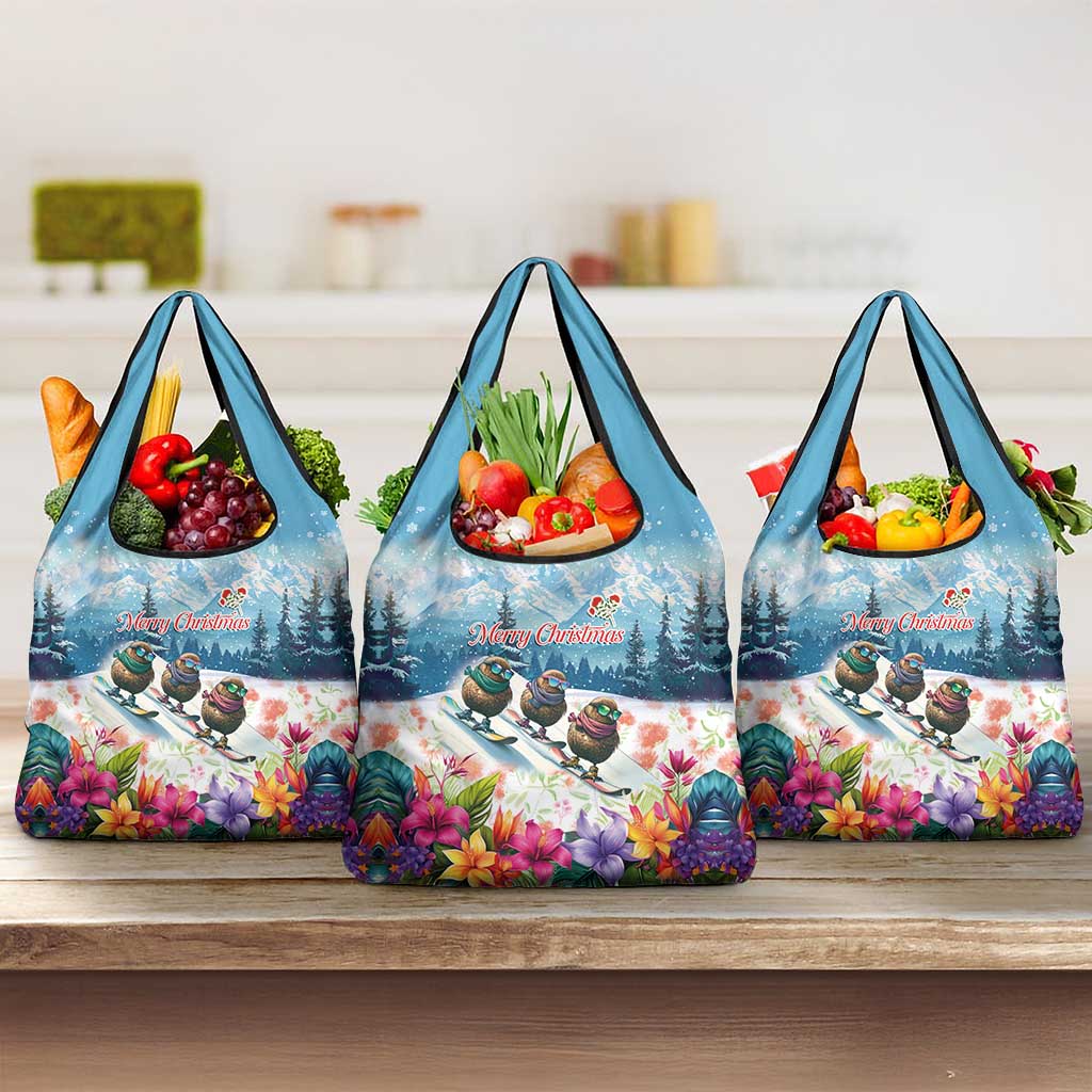 New Zealand Merry Christmas Grocery Bag Kiwi Birds Snow Boarding-Vibrant Tropical Flower - Polynesian Pride