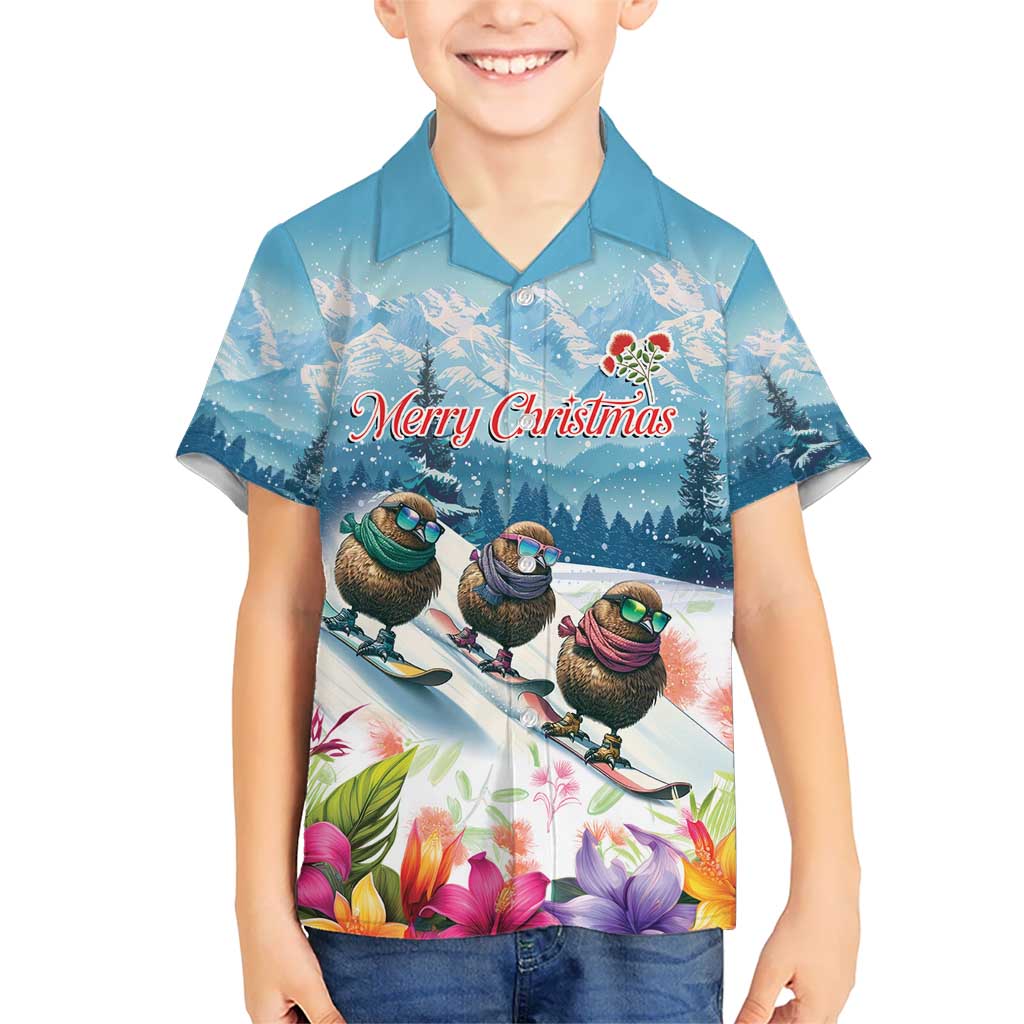 New Zealand Merry Christmas Kid Hawaiian Shirt Kiwi Birds Snow Boarding-Vibrant Tropical Flower - Polynesian Pride