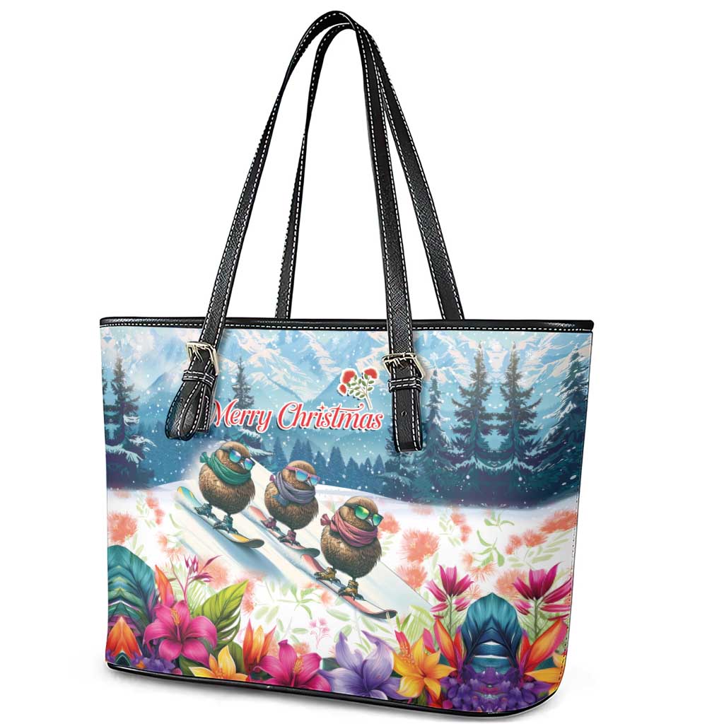 New Zealand Merry Christmas Leather Tote Bag Kiwi Birds Snow Boarding-Vibrant Tropical Flower - Polynesian Pride