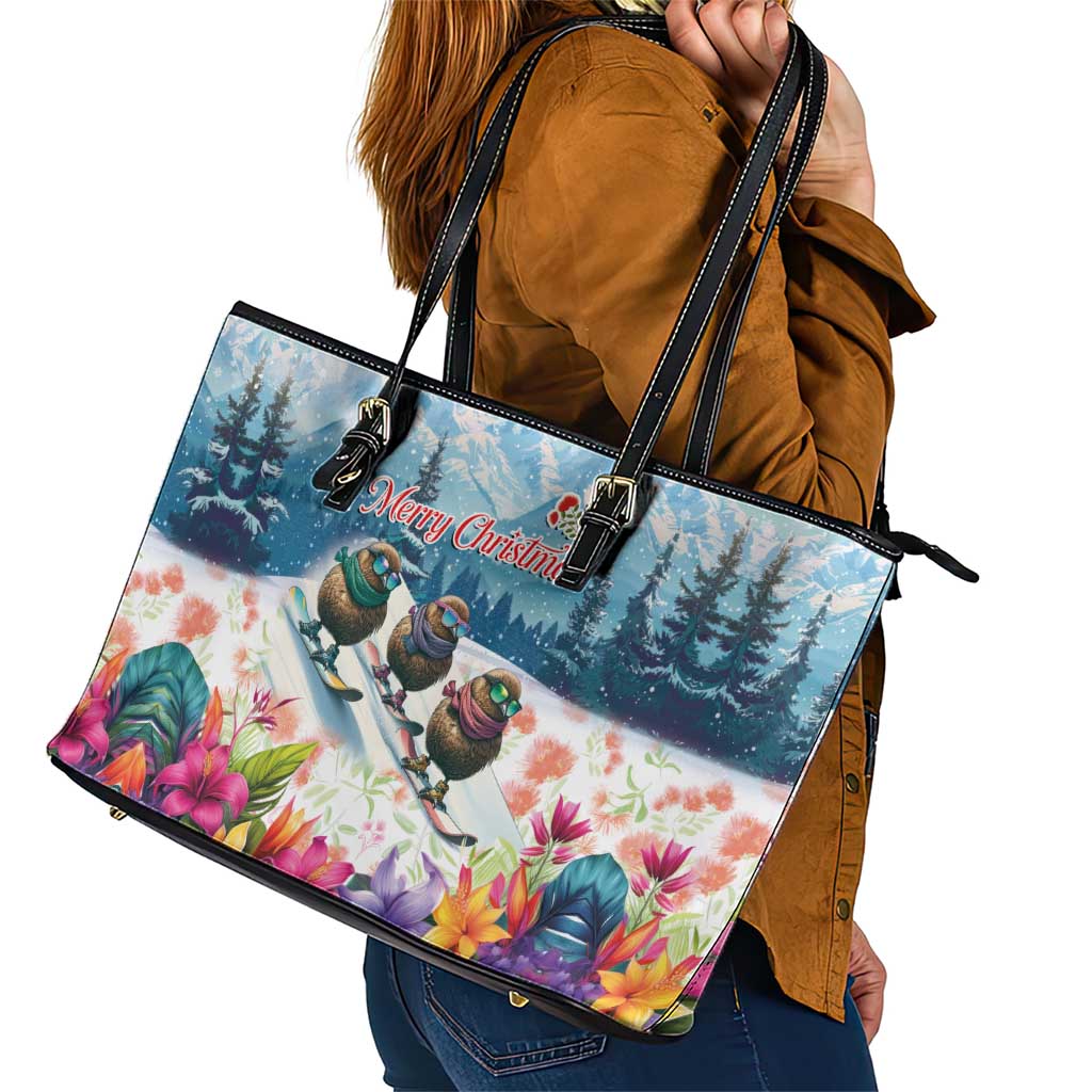 New Zealand Merry Christmas Leather Tote Bag Kiwi Birds Snow Boarding-Vibrant Tropical Flower - Polynesian Pride