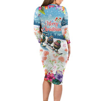 New Zealand Merry Christmas Long Sleeve Bodycon Dress Kiwi Birds Snow Boarding-Vibrant Tropical Flower - Polynesian Pride
