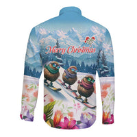 New Zealand Merry Christmas Long Sleeve Button Shirt Kiwi Birds Snow Boarding-Vibrant Tropical Flower - Polynesian Pride