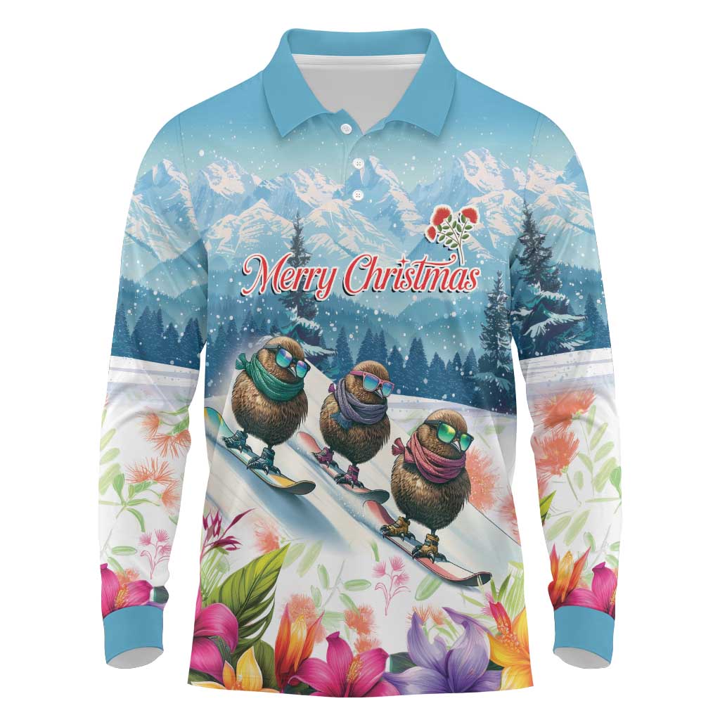 New Zealand Merry Christmas Long Sleeve Polo Shirt Kiwi Birds Snow Boarding-Vibrant Tropical Flower - Polynesian Pride