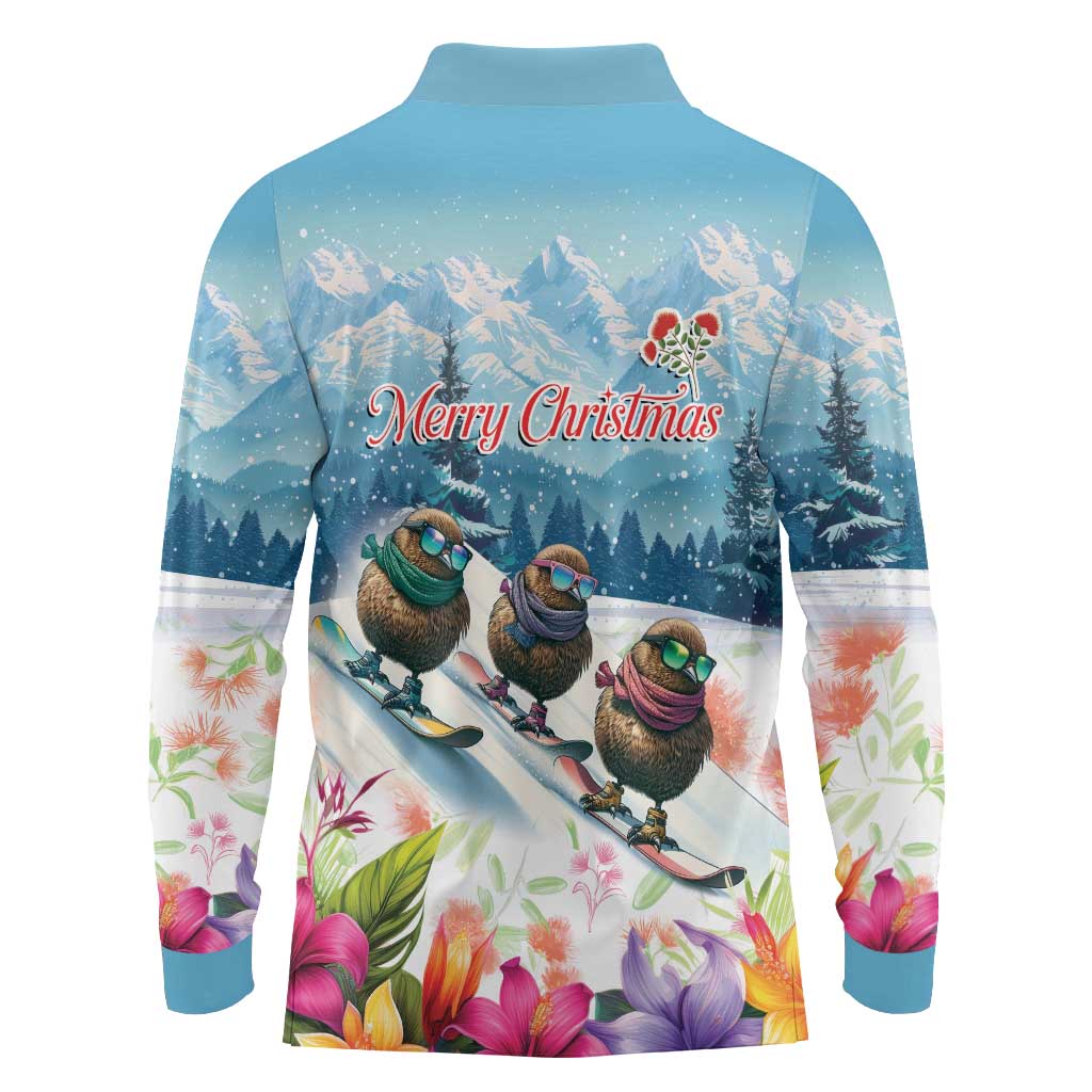 New Zealand Merry Christmas Long Sleeve Polo Shirt Kiwi Birds Snow Boarding-Vibrant Tropical Flower - Polynesian Pride