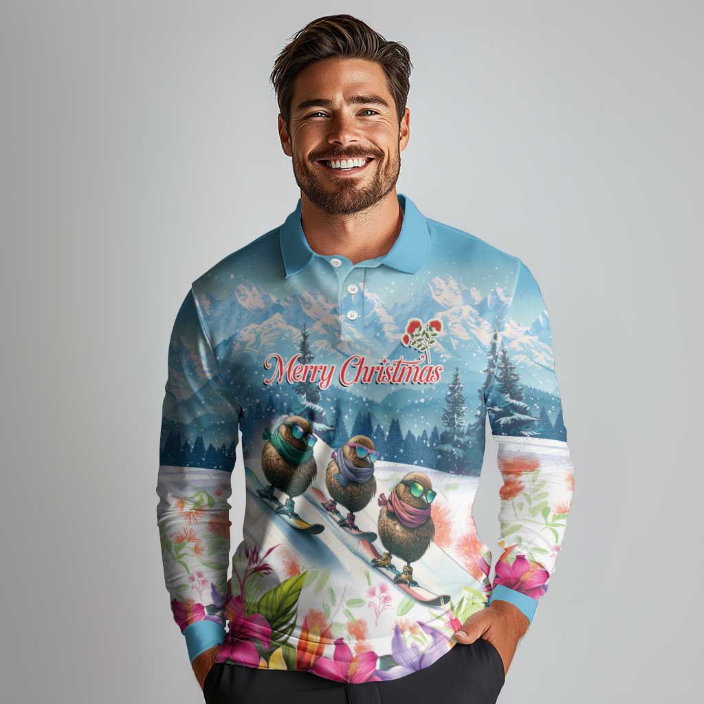 New Zealand Merry Christmas Long Sleeve Polo Shirt Kiwi Birds Snow Boarding-Vibrant Tropical Flower - Polynesian Pride