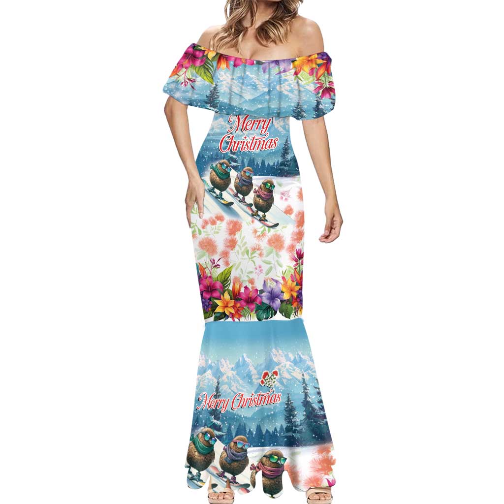 New Zealand Merry Christmas Mermaid Dress Kiwi Birds Snow Boarding-Vibrant Tropical Flower - Polynesian Pride