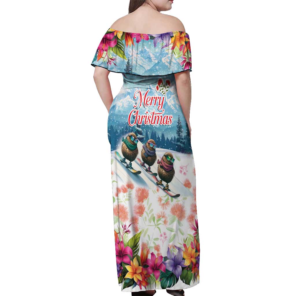 New Zealand Merry Christmas Off Shoulder Maxi Dress Kiwi Birds Snow Boarding-Vibrant Tropical Flower - Polynesian Pride